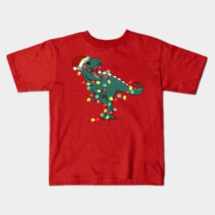 T-Rex Santa Christmas Lights Kids T-Shirt